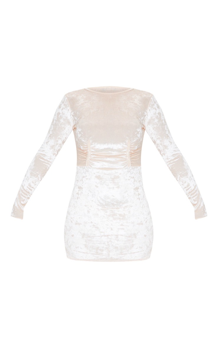 Champagne Velvet Ruched Binding Detail Long Sleeve Bodycon Dress image 3