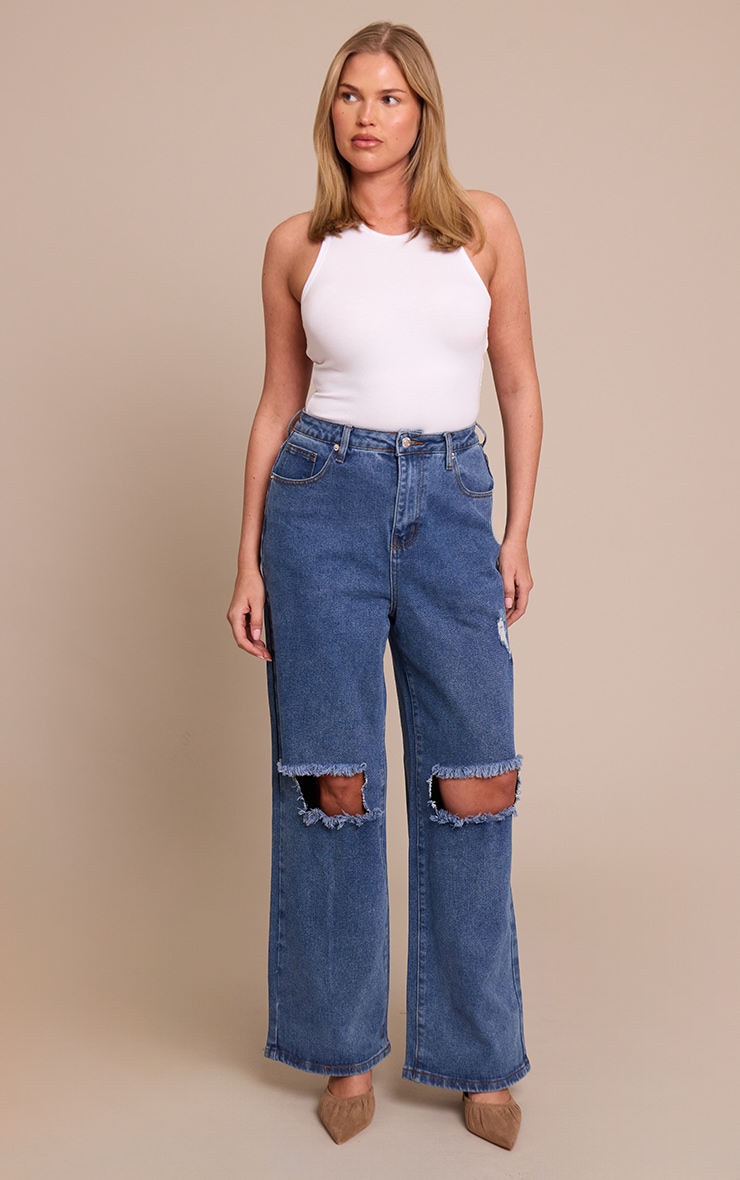 Shape Vintage Mid Wash Stretch Denim Ripped Knee Wide Leg Jeans