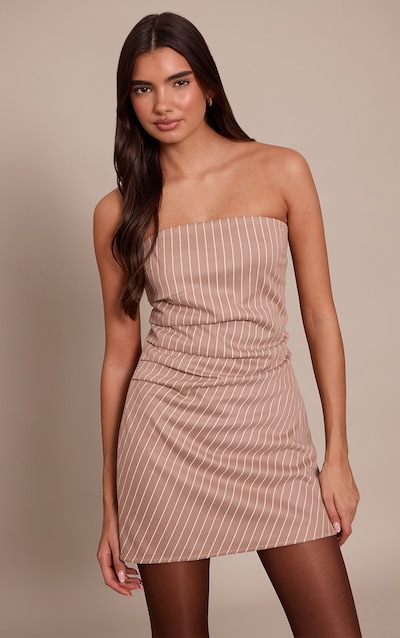 Robe bustier moulante brossée taupe à fines rayures