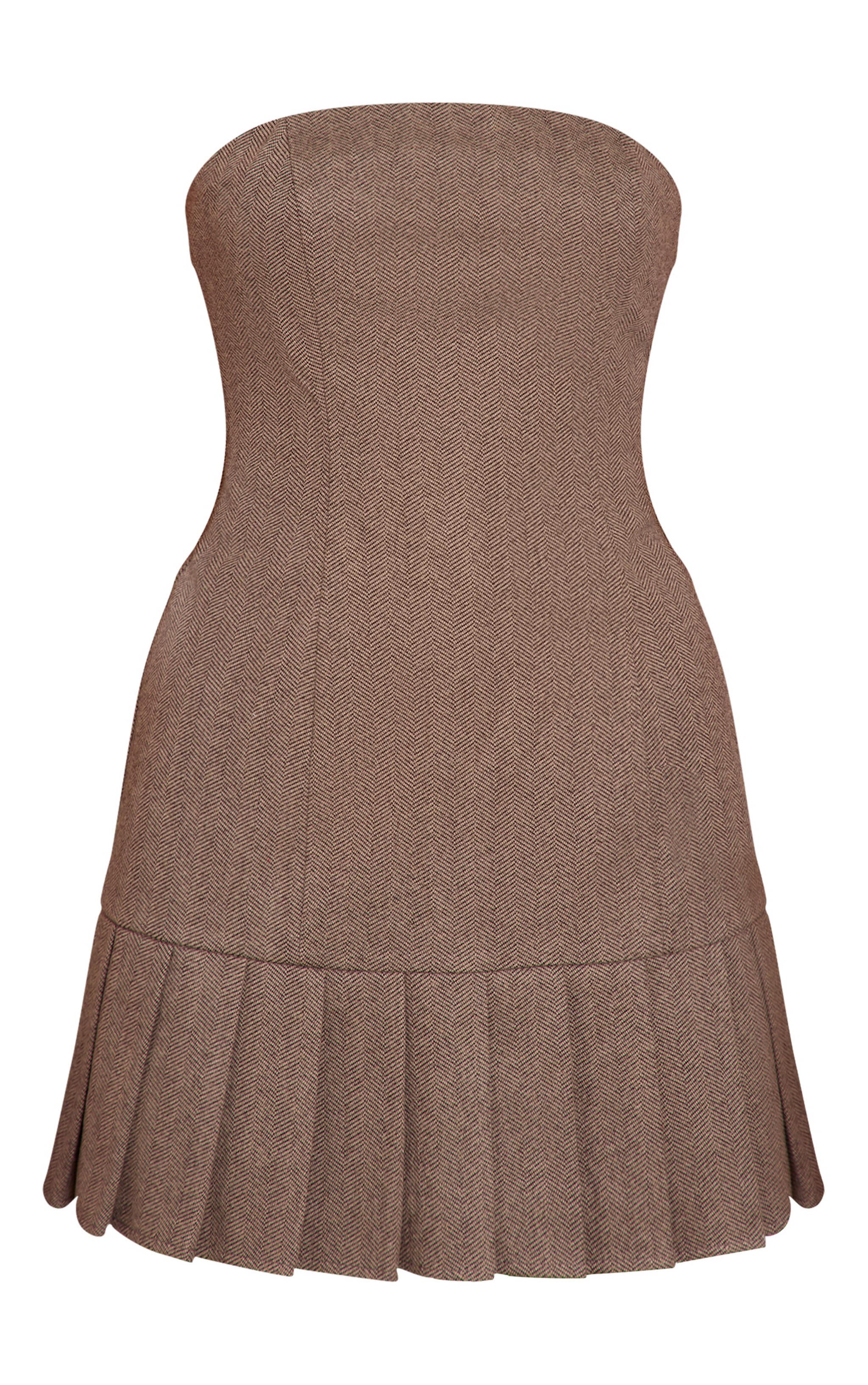 Chocolate Wool Look Bandeau Pleated Skirt Mini Dress image 5