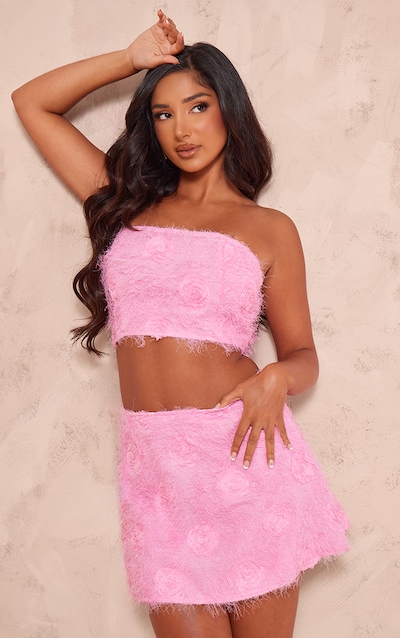Petite Bright Pink Fluffy Rose Detail Bandeau Crop Top