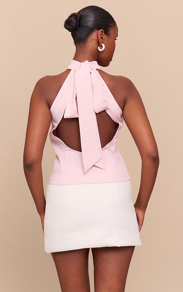 Pale Pink Woven High Neck Tie Detail Top image 2