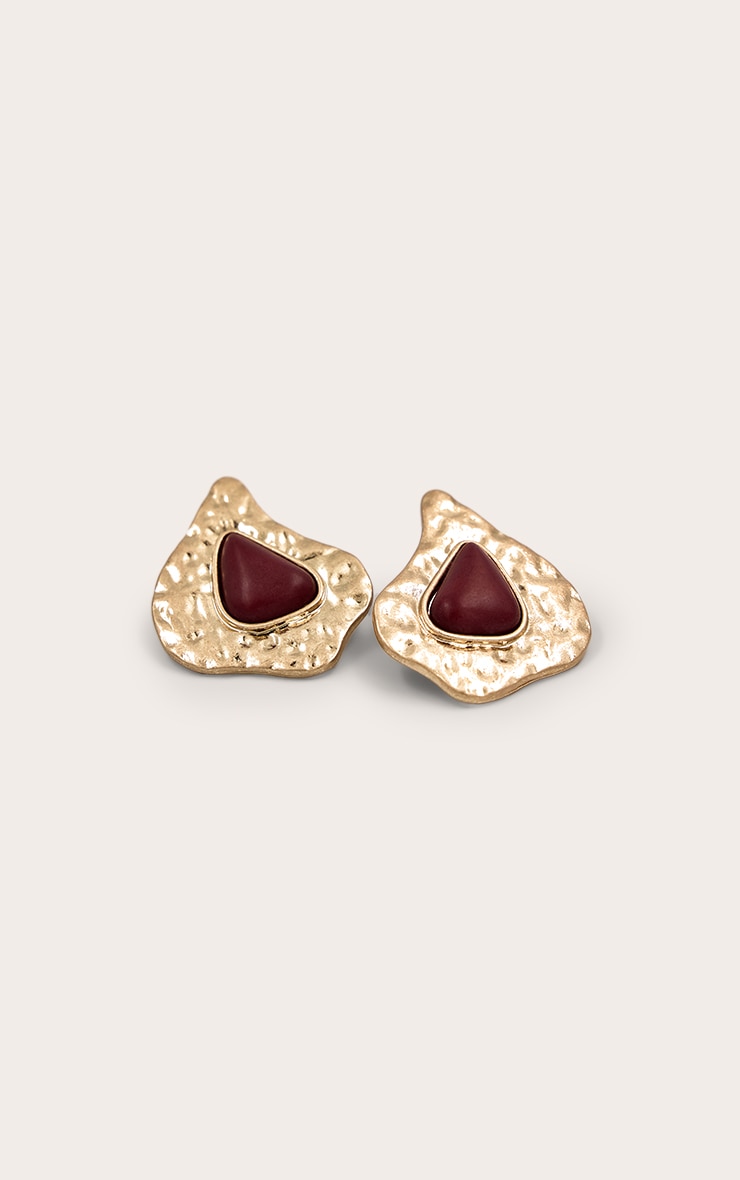 Burgundy Resin Worn Gold Stud Earrings image 3
