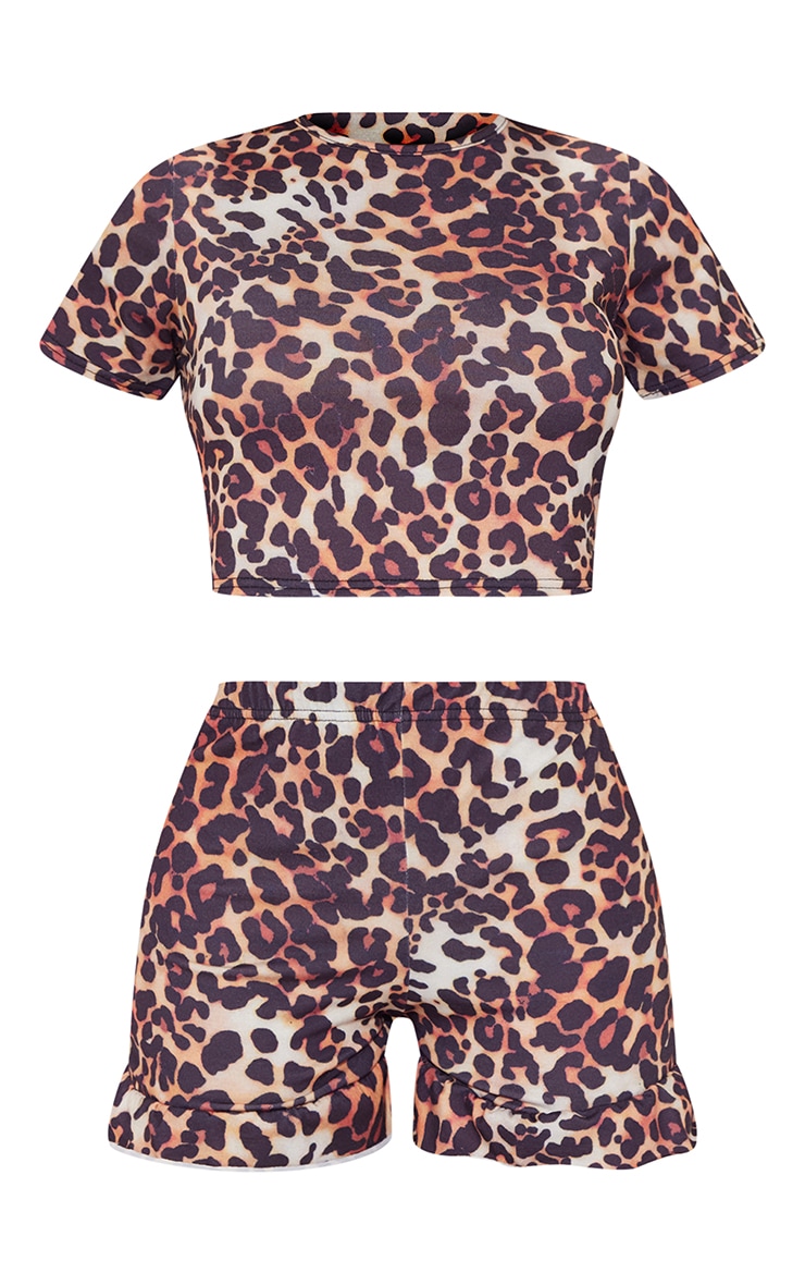 Brown Leopard Print Frill Hem Short Pj Set image 5