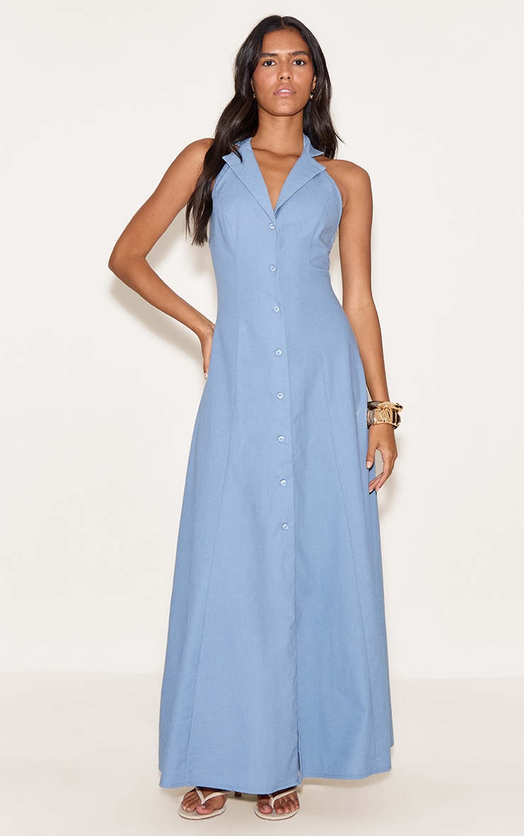 Light Blue Button Down Collar Detail Maxi Dress image 1