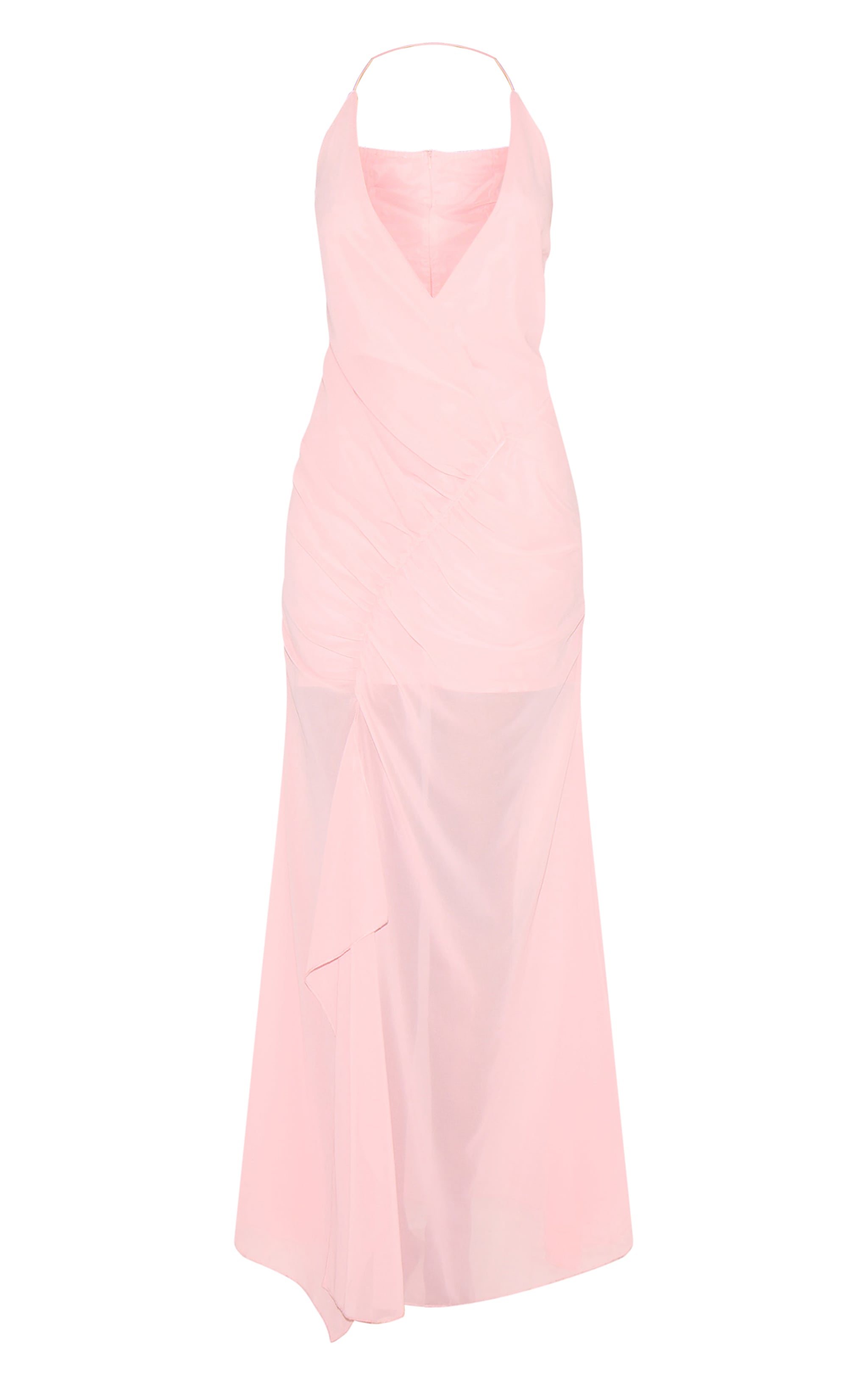 Robe longue en mousseline de soie rose dragée à fronces asymétriques image 5