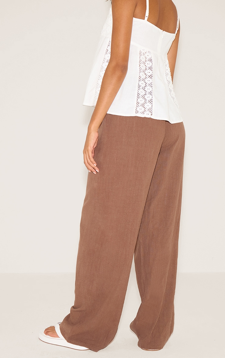 Chocolate Linen Blend Drawstring Tie Straight Leg Pants image 3