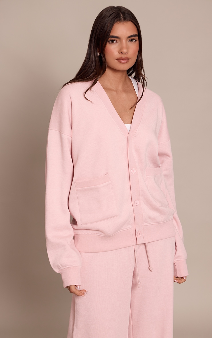 Pink Button Front Pocket Sweat Cardigan