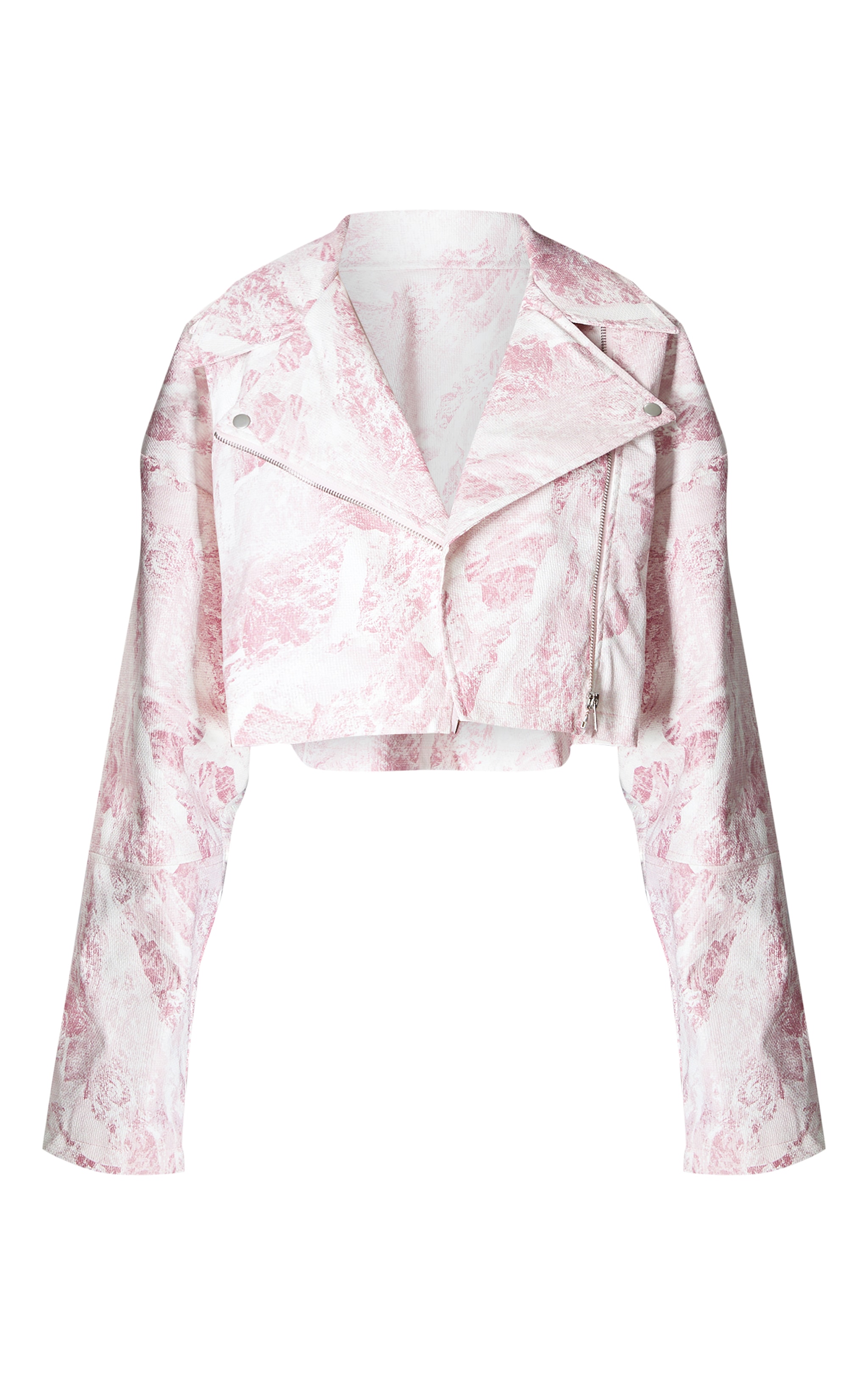 Pink Printed Textured Faux Leather Crop Biker Jacket image 5