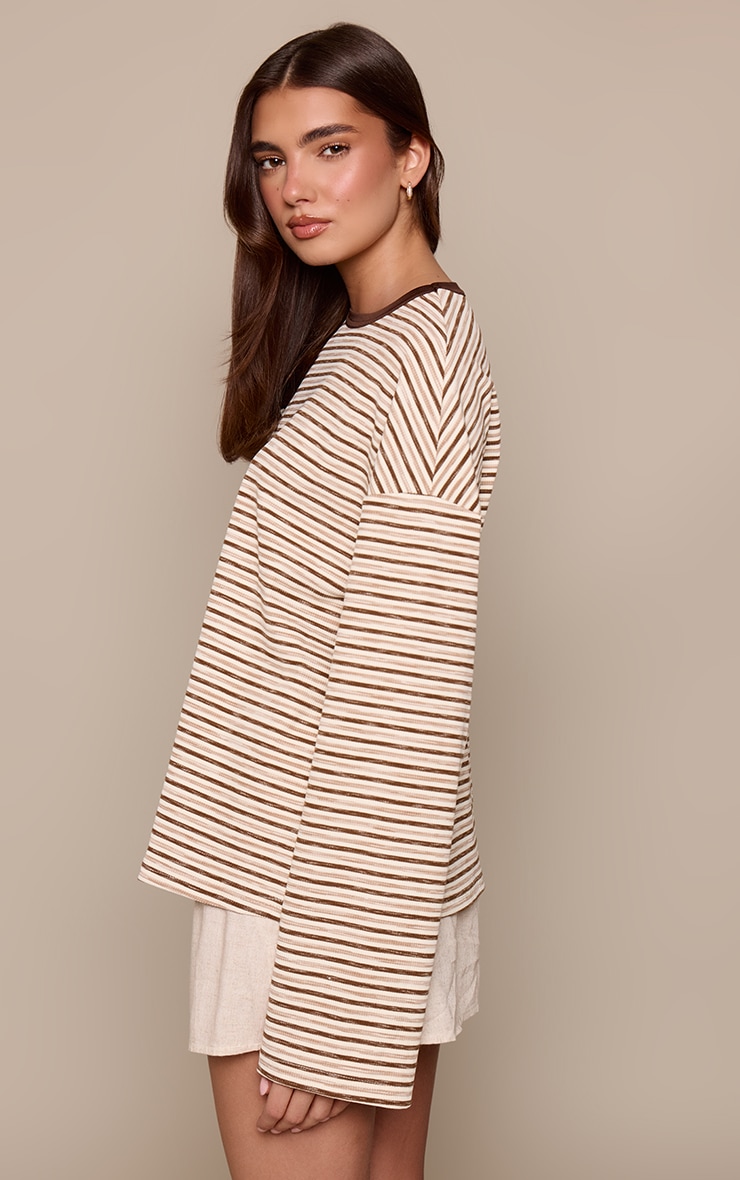 Light Brown Soft Rib Striped Detail Oversized Long Sleeve Top image 2