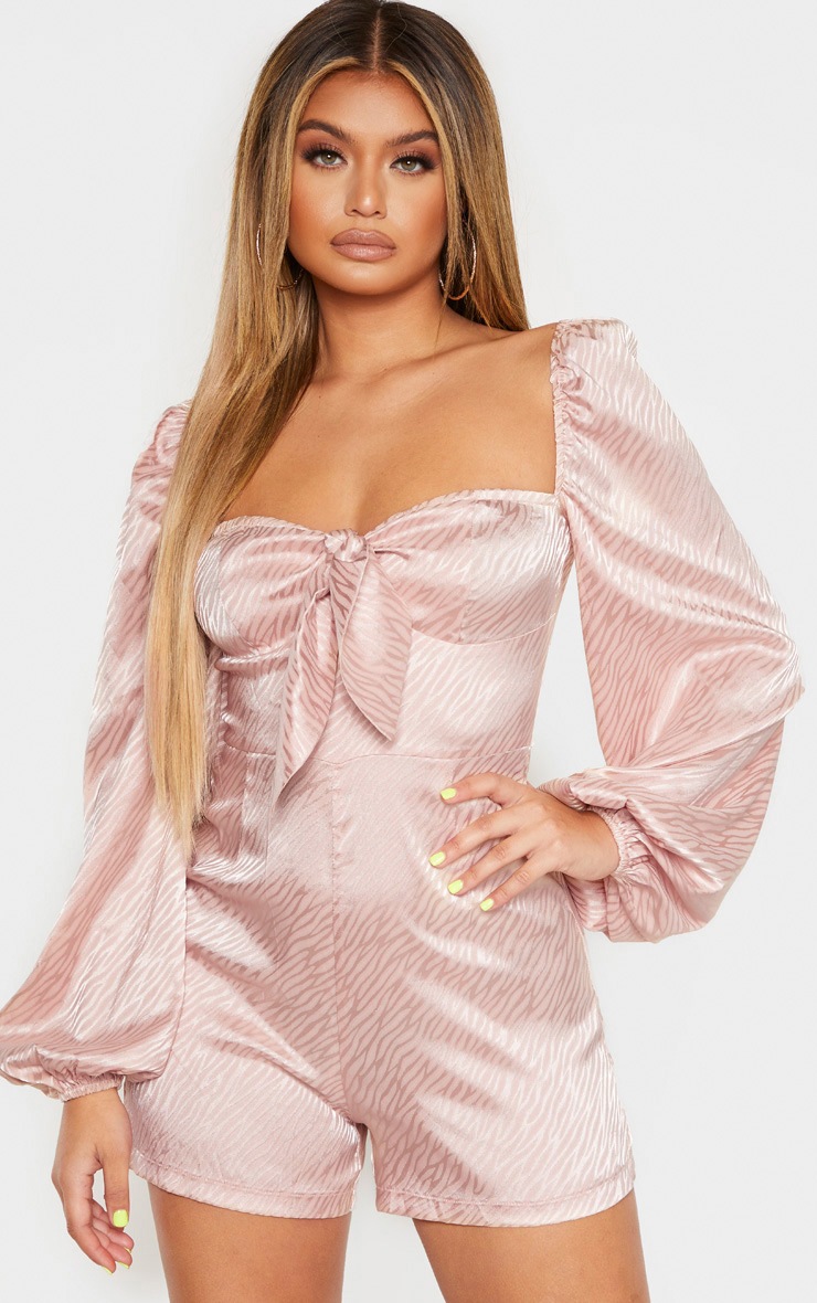 Dusty Pink Puff Sleeve Tie Front Playsuit
