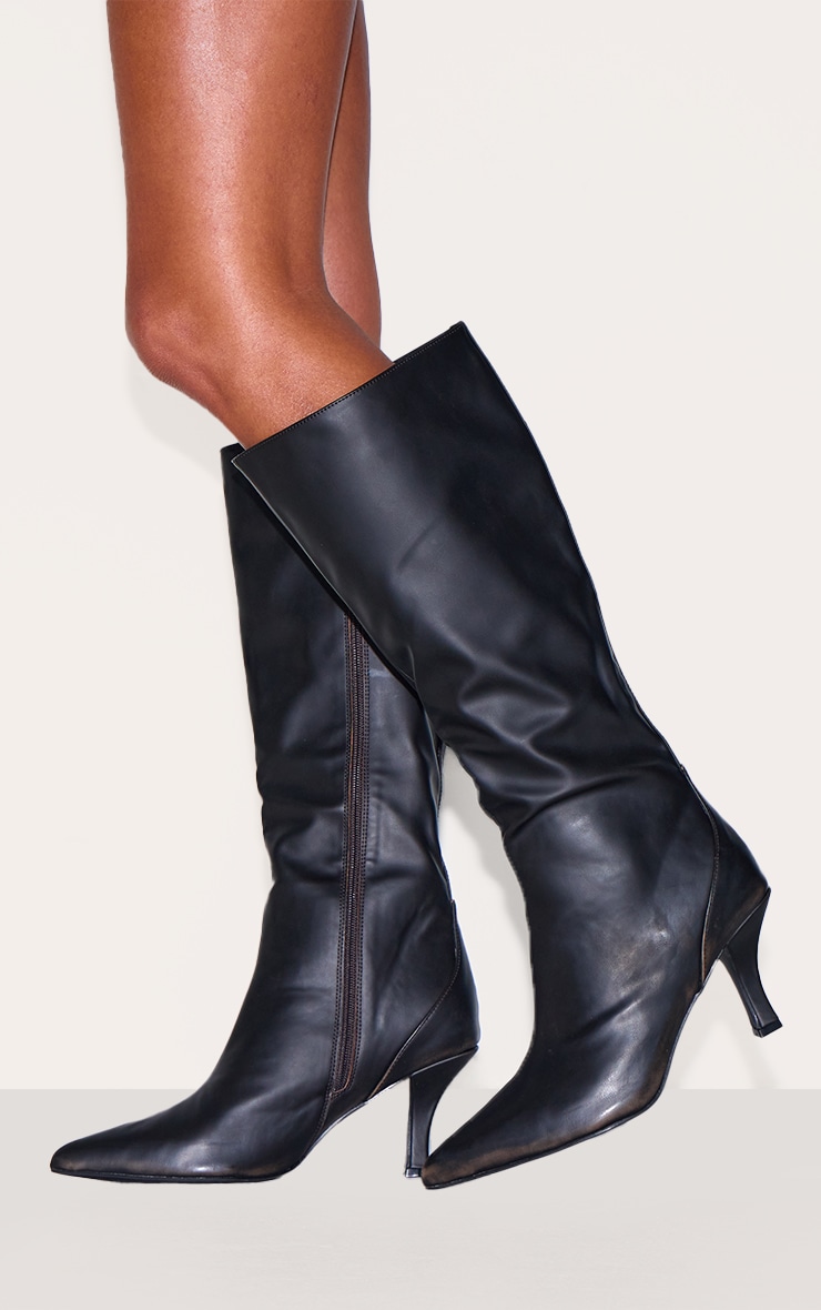 Black Burnish Wide Fit Pu Point Toe High Stiletto Heel Knee High Boots image 1