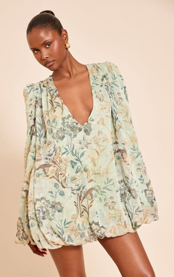 Sage Floral Print Plunge Puff Sleeve Shift Dress
