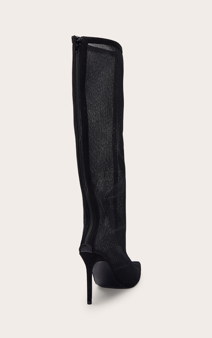 Black Mesh Heeled Knee High Boot image 4