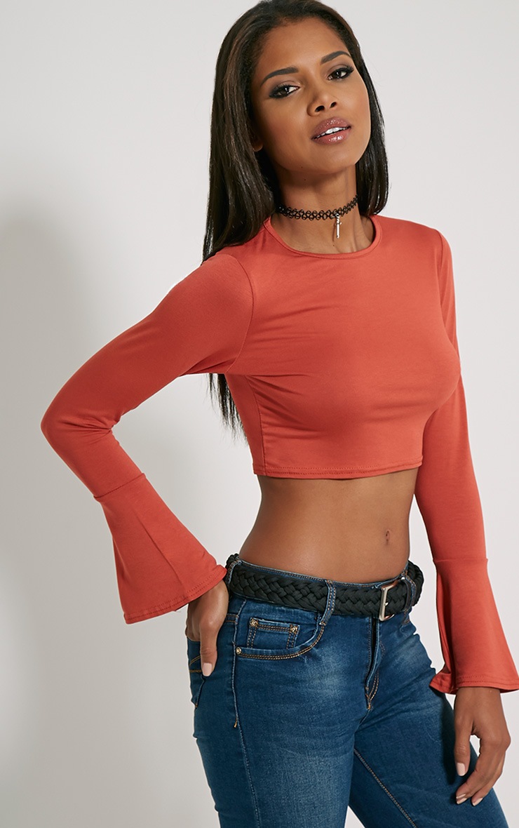 Katia Rust Bell Sleeve Crop Top Crop Tops PrettyLittleThing