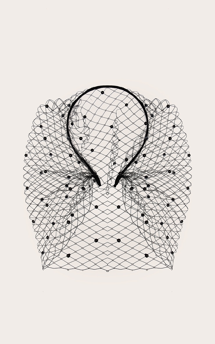 Black Beaded Fishnet Veil Headband image 2