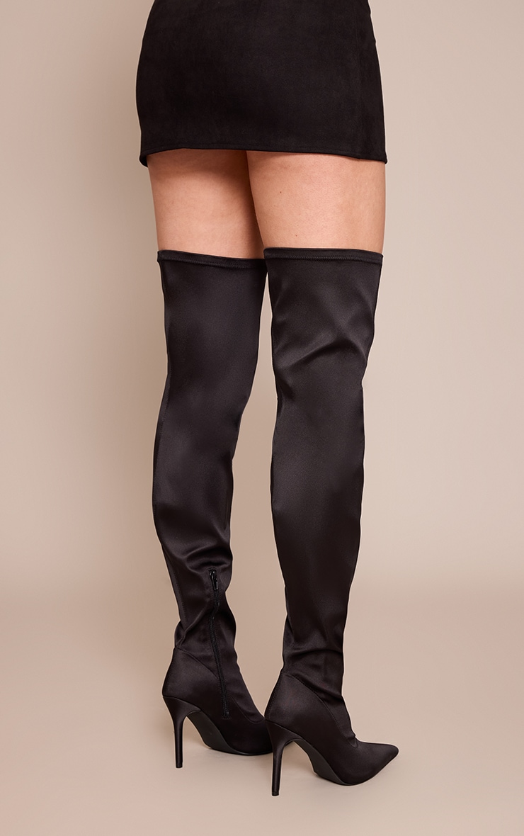 Black Satin Point Toe Over The Knee Stiletto Boot image 4