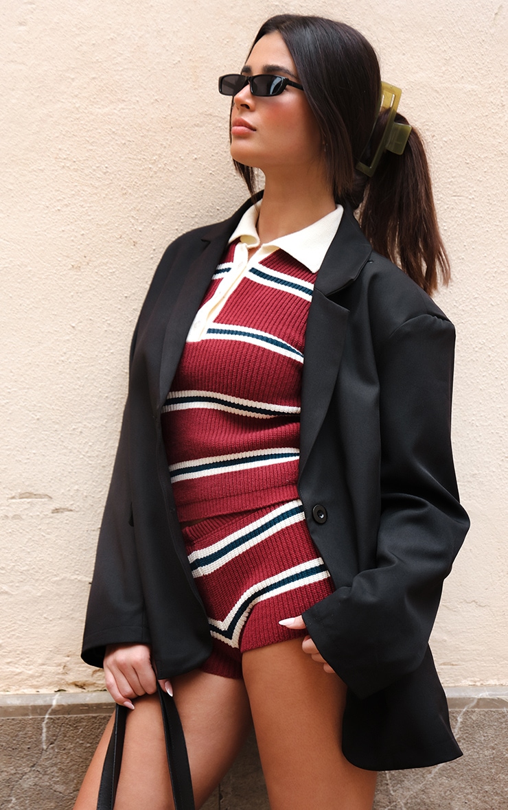 Burgundy Stripe Button Through Thick Rib Knit Rugby Shirt image 1