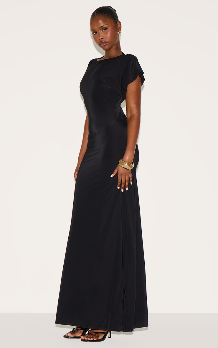 Black Double Layered Slinky Ruched Short Sleeve Maxi Dress image 3