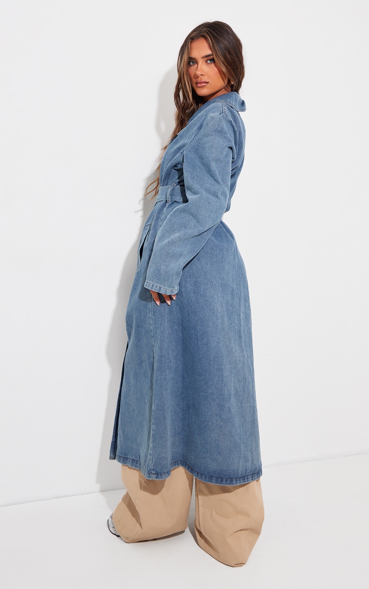 Vintage Blue Wash Denim Button Front Belted Trench Coat image 2
