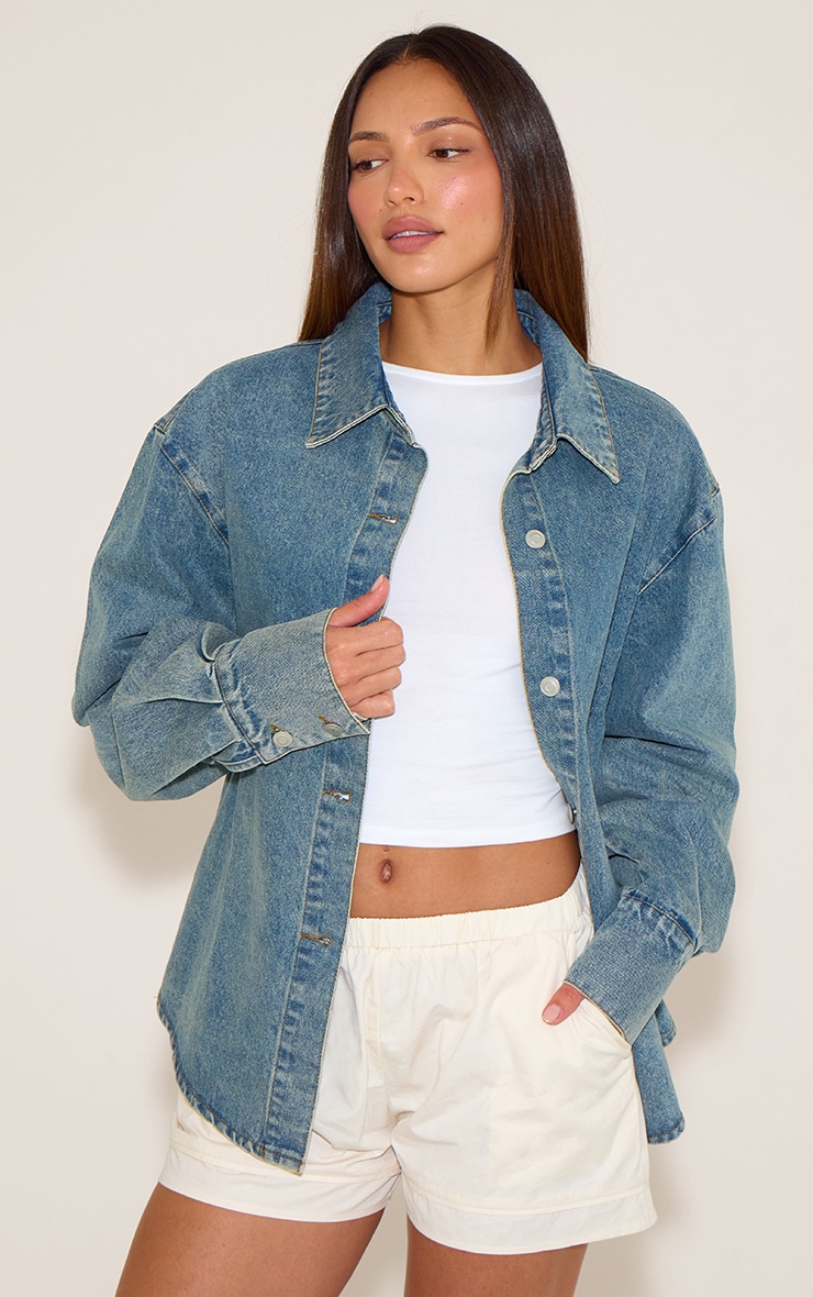 Tall Vintage Balloon Sleeve Curved Hem Denim Shirt image 1