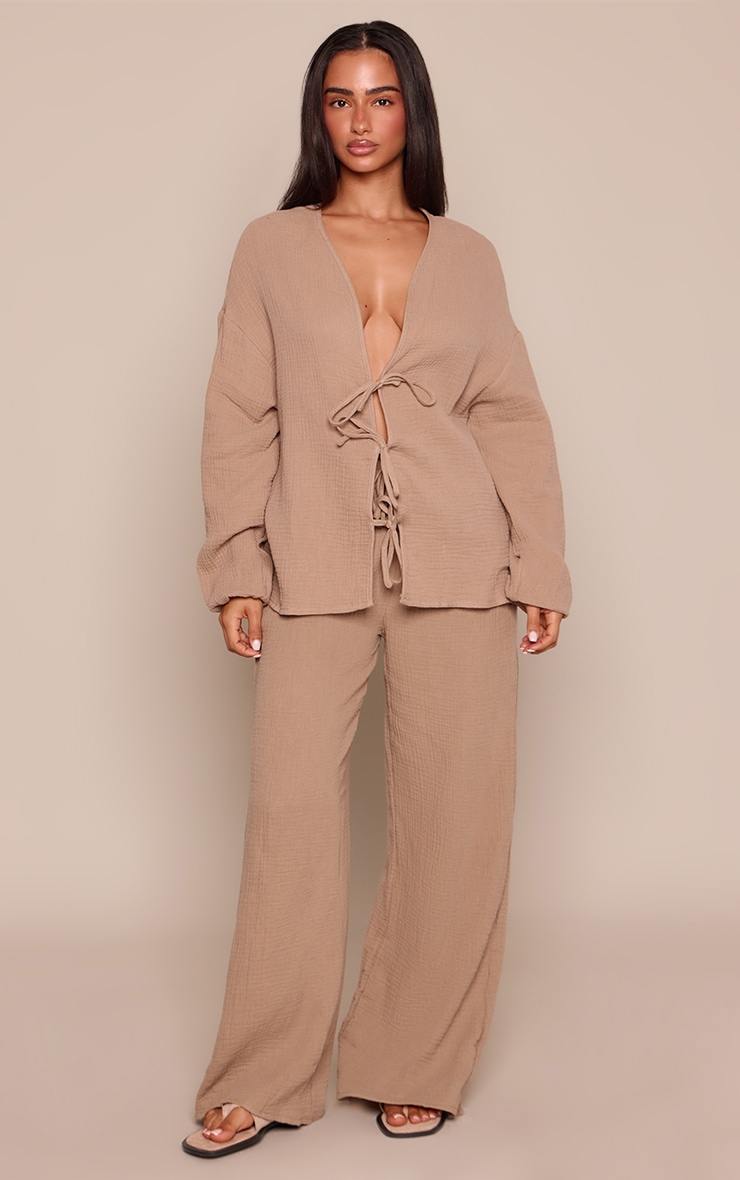 Petite Mushroom Cheesecloth Textured Wide Leg Trouser