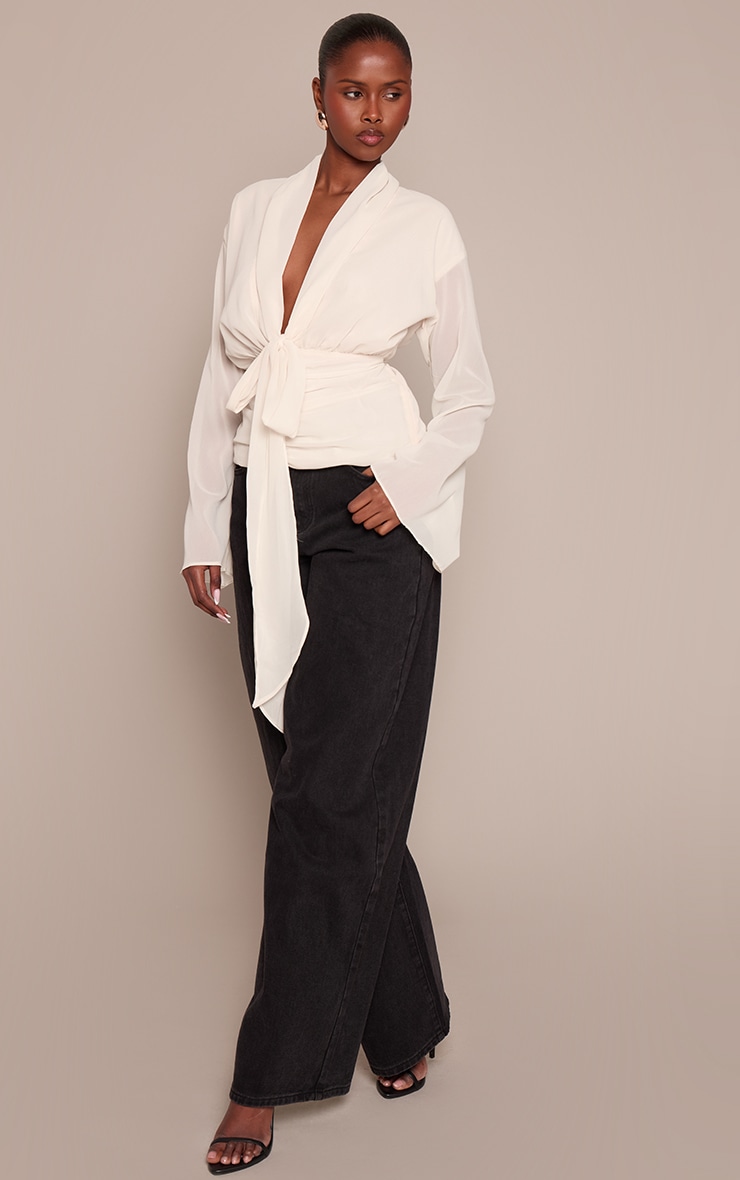 Cream Chiffon Cinched Drape Detail Blouse image 3