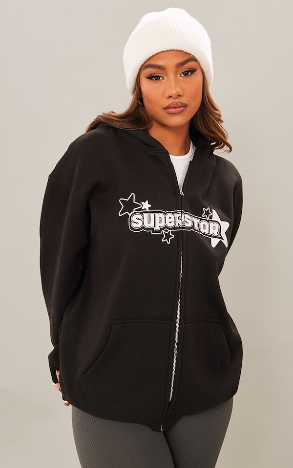 Black Superstar Printed Zip Up Hoodie Tops PrettyLittleThing