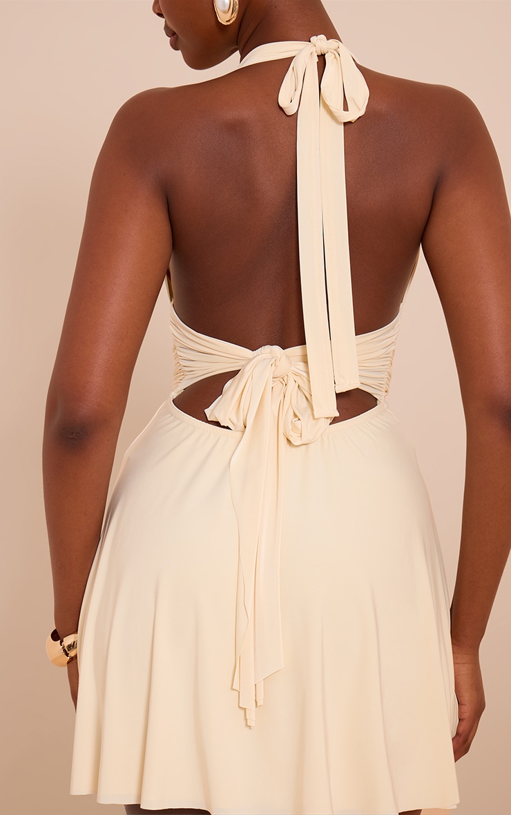 Butter Cream Double Layer Slinky Halter Neck Tie Back Shift Dress image 4
