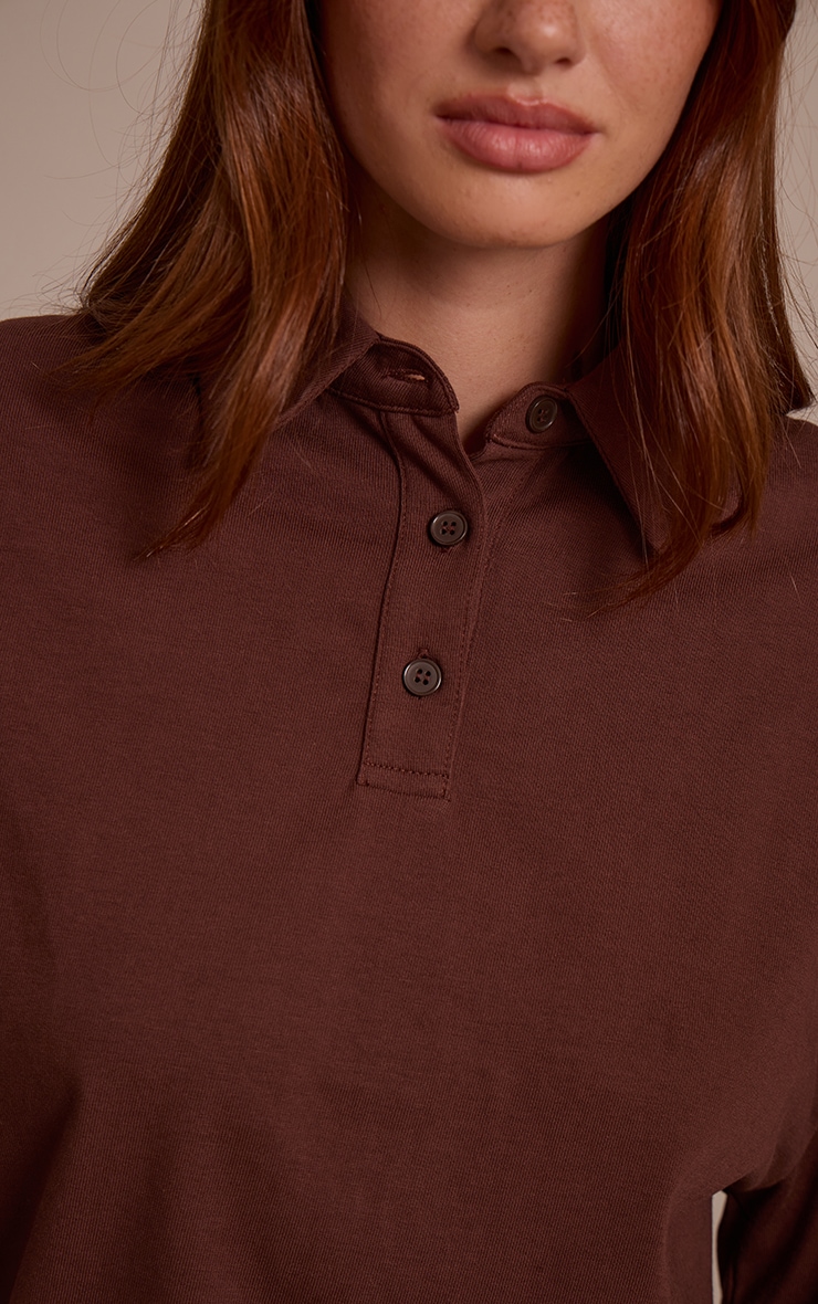 Chocolate Cotton Polo Collar Long Sleeve Top image 4