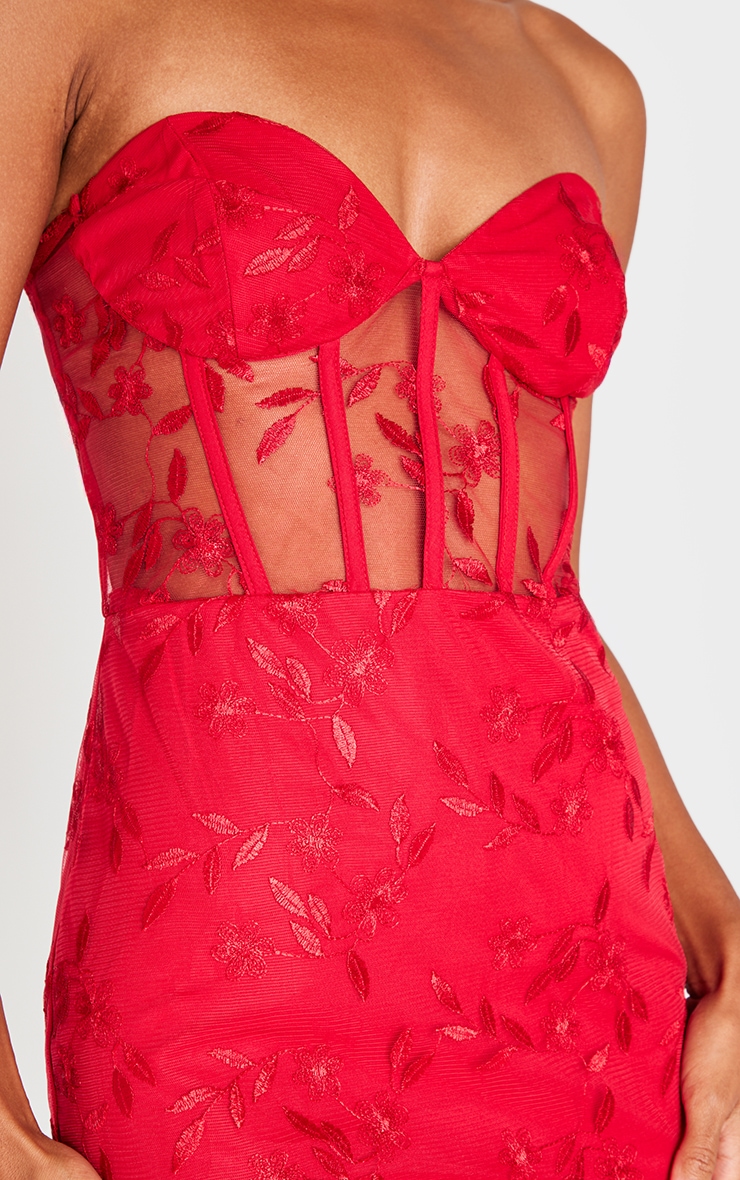 Cherry Red Floral Mesh Overlay Corset Mini Dress image 4