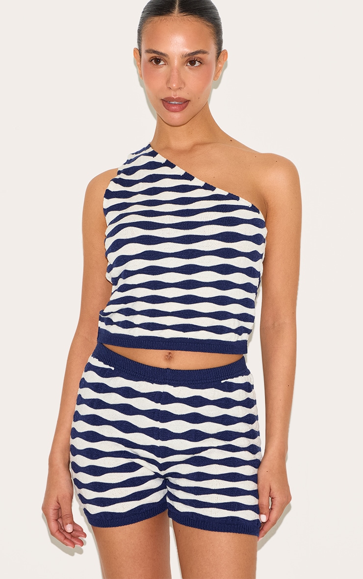 Petite Navy Knitted Striped Shorts image 1