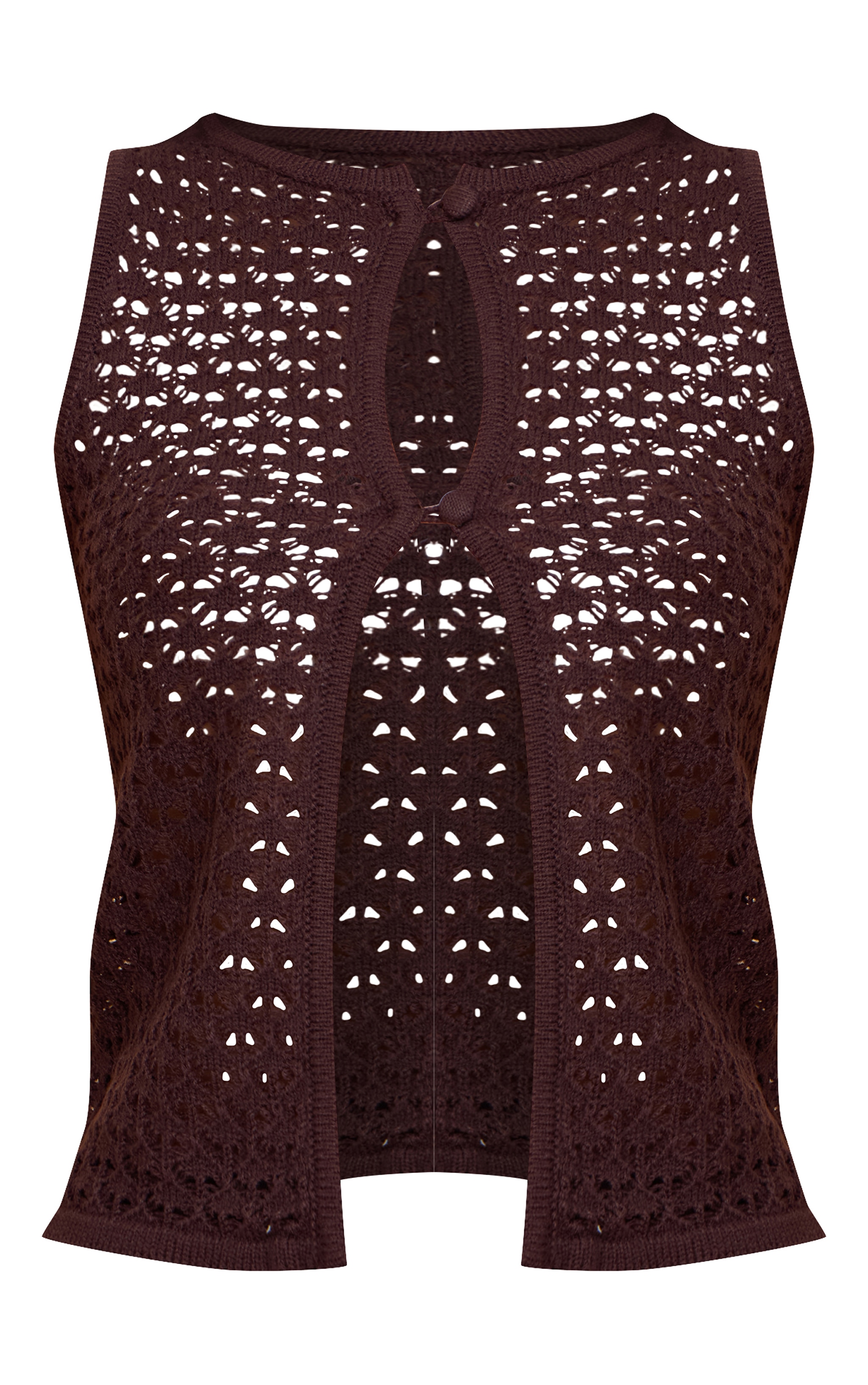 Chocolate Crochet Knit Cut Out Pearled Button Vest Top image 5