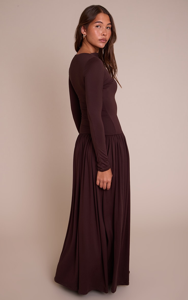 Chocolate Double Layer Jersey Dropped Waist Long Sleeve Maxi Dress image 2