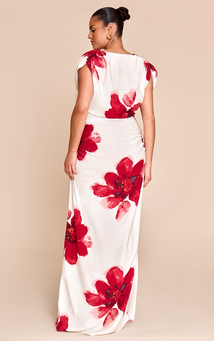 Plus Red Printed Extreme Cowl Ruched Detail Maxi Dress image 3