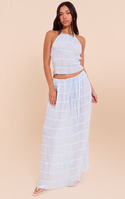 Light Blue Chiffon Ruched Frill Detail Tiered Maxi Skirt