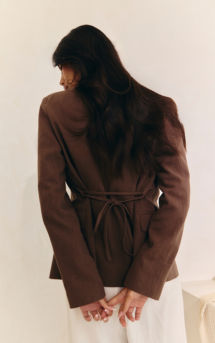 Mocha Linen Look Tie Waist Blazer image 2