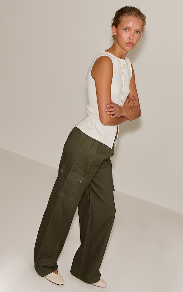 Khaki Wide Leg High Waisted Cargo Pants