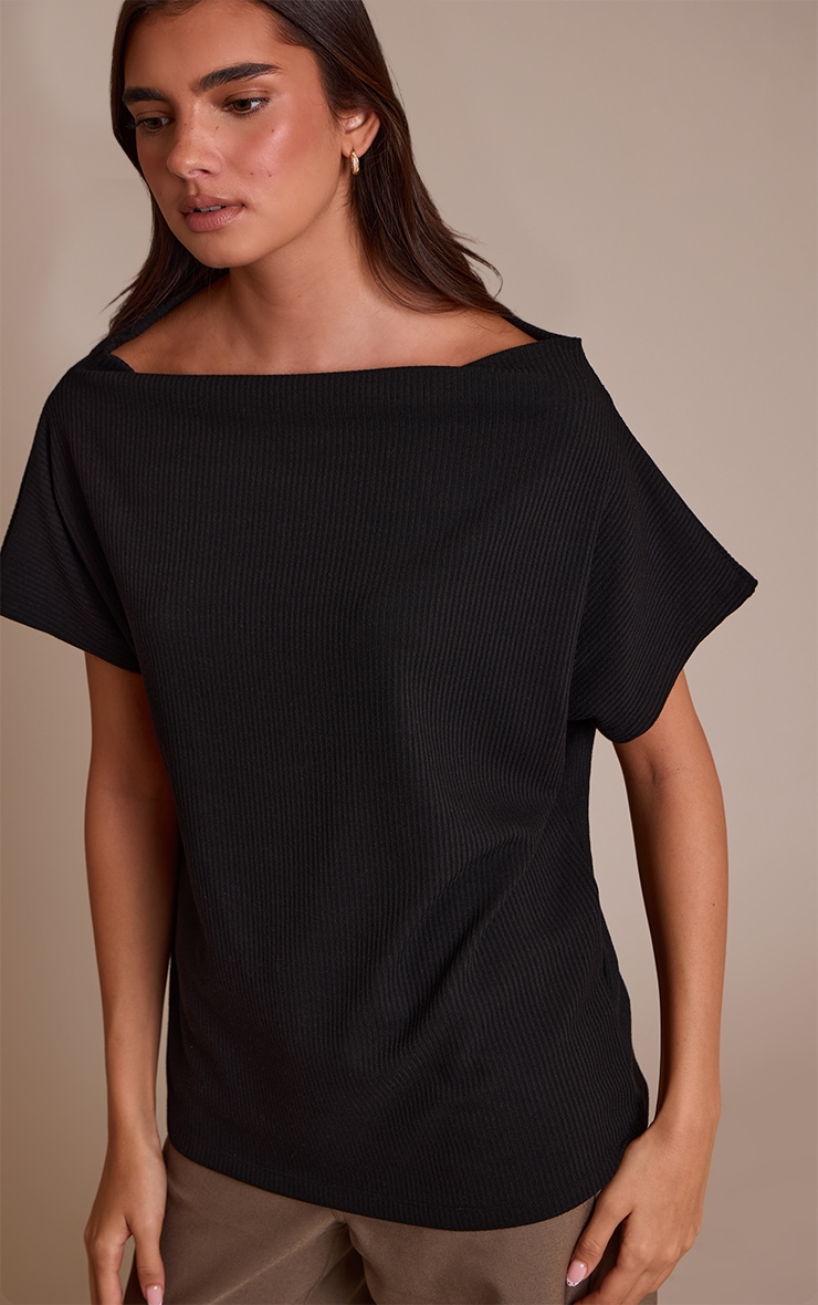 Black Thick Rib Asymmetric Slouchy Long Top image 4