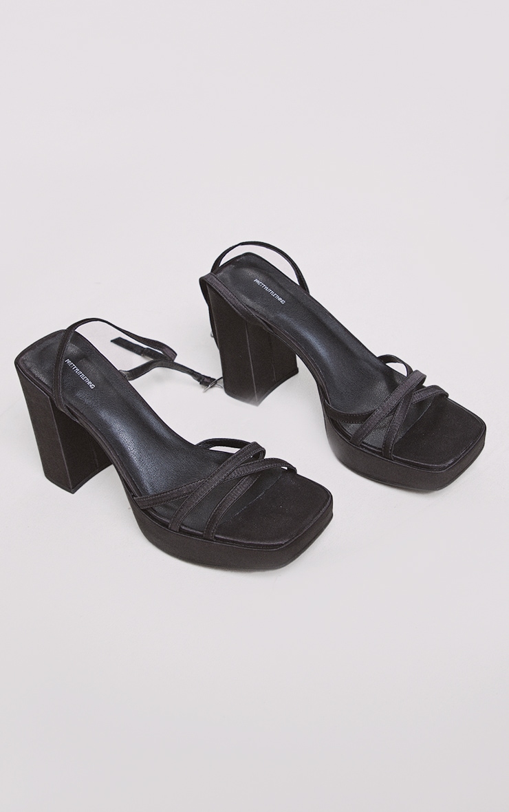 Black Satin Cross Multi Strap Slight Platform High Block Heeled Sandals image 3