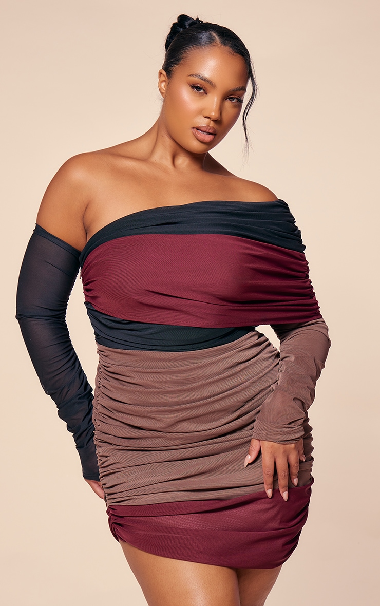 PLT Label Plus Burgundy Bandage Mesh Panel Ruched Asymmetrical Bodycon Dress image 1