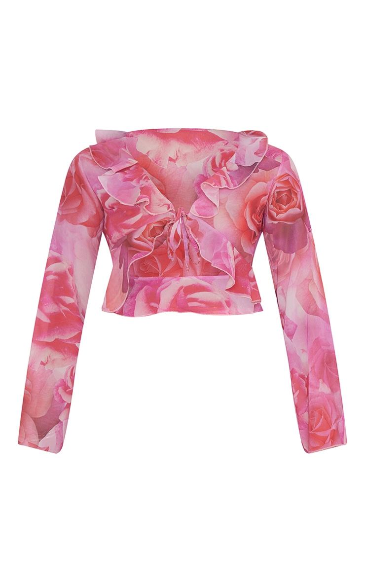 Pink Floral Print Chiffon Ruffle Trim Blouse image 5