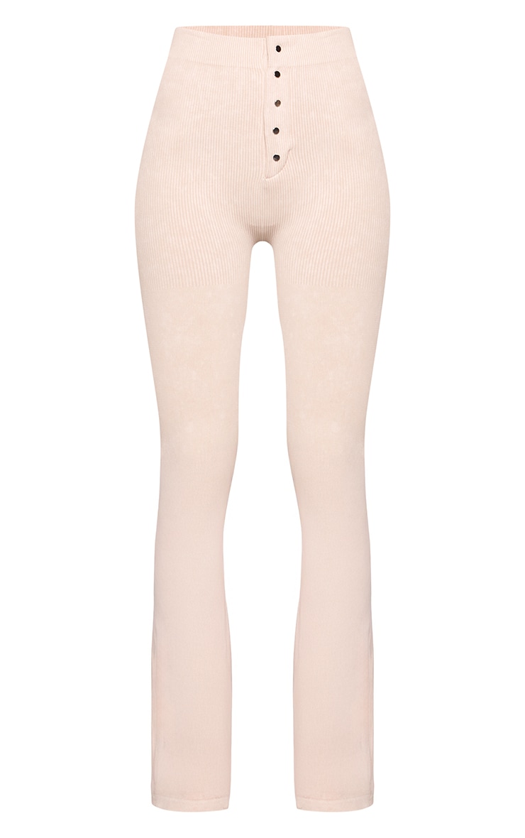 Tall Cream Snatched Rib Button Detail Flare Leggings image 5