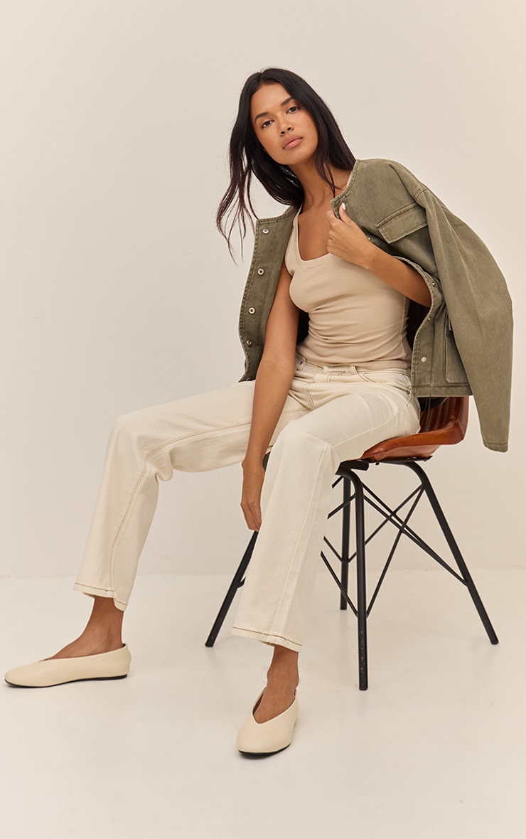 Olive Round Neck Pocket Front Cinch Denim Jacket image 3