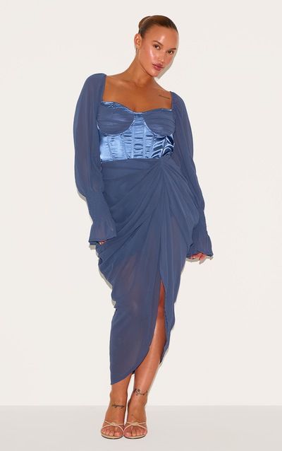 BCBGMAXAZRIA Women's Draped Chiffon MIDI Dress Blue Size 8