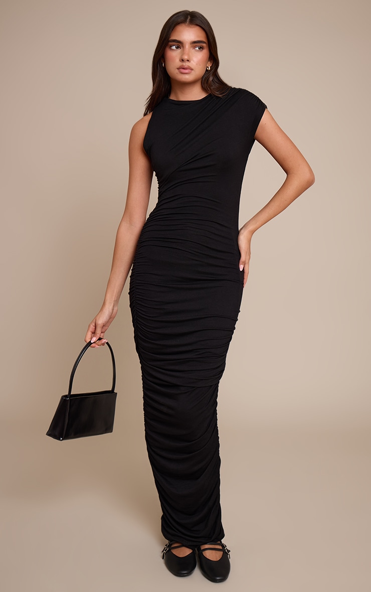 Black Sleeveless Asymmetric Ruched Maxi Dress image 3