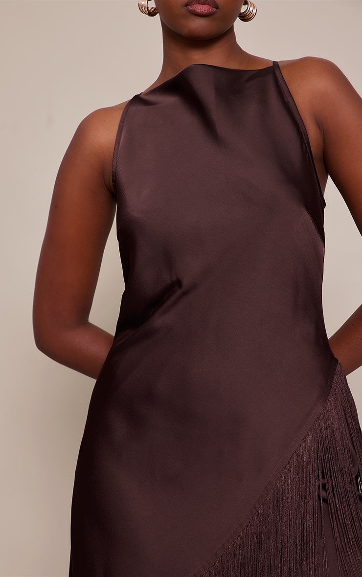 Deep Chocolate Satin Fringe Detail Jumpsuit image 4