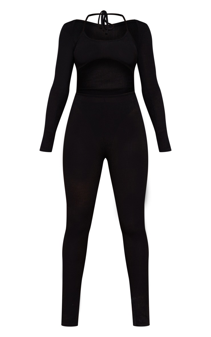 Black Rib Halterneck Strap Cut Out Long Sleeve Jumpsuit image 5