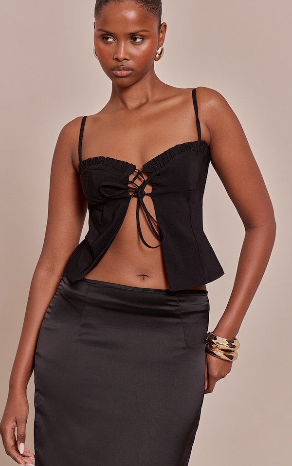 Black Stretch Woven Lace Up Ruched Bust Top