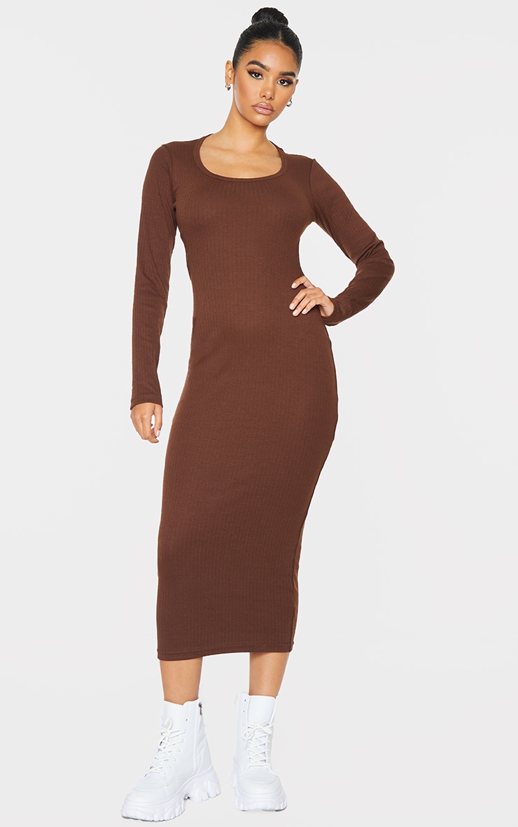 Chocolate Rib Cut Out Strap Back Detail Midaxi Dress image 2